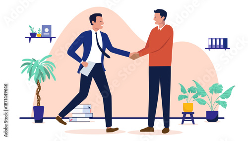 Two professional businessmen shaking hands in a modern office to celebrate a successful deal, new job hire or corporate partnership in a modern flat design vector illustration