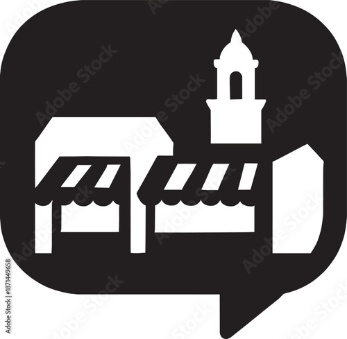 City market scene with awnings and a building featuring a steeple in a chat bubble