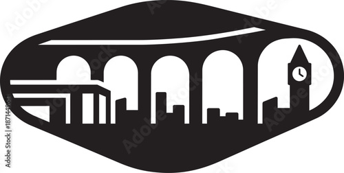 Cityscape silhouette with arches bridge and iconic clock tower inside oval frame