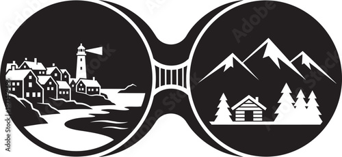 Coastal seaside village lighthouse and mountain cabin landscape viewed through binoculars