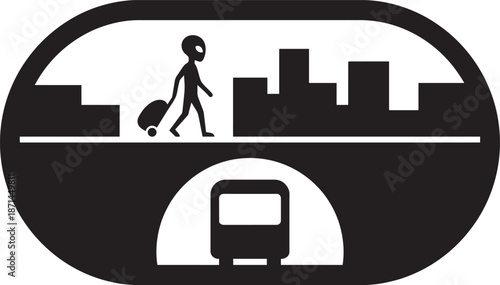 Extraterrestrial alien traveler with luggage walking through futuristic city metro station