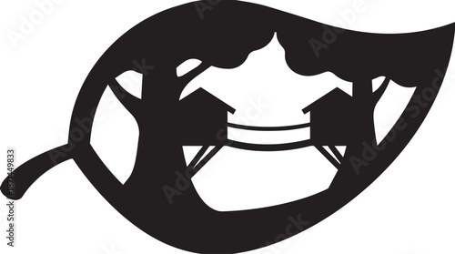 Eco friendly tree houses silhouette inside leaf shape symbol for green sustainable development