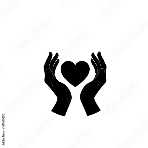 Heart in Hands: A symbol of empathy, care, and love, illustrated by a silhouette of hands cradling a heart, representing compassion and human connection.