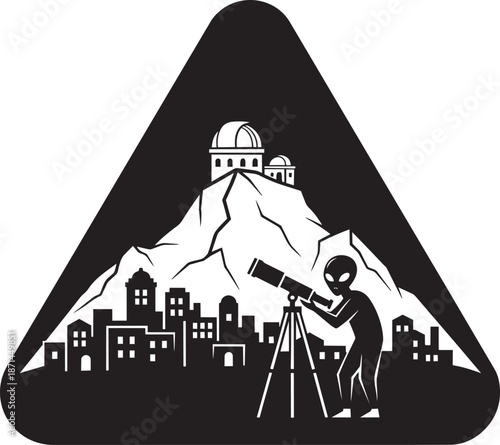Extraterrestrial character using telescope in city landscape with observatory mountain peaks