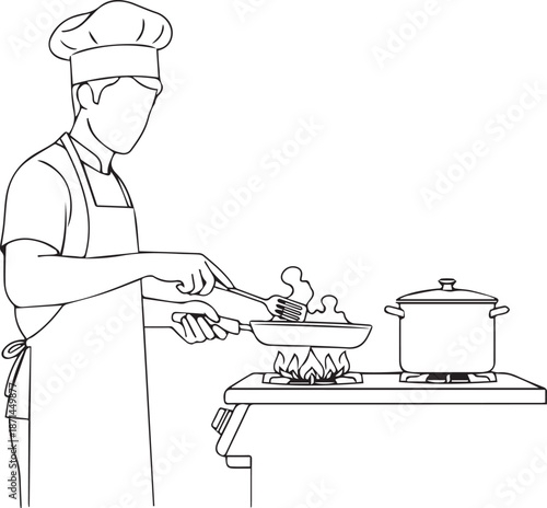 Chef cooking in professional kitchen with stove and pot