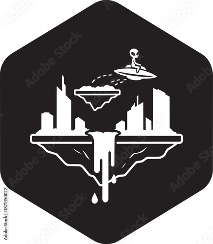 Floating islands with futuristic city alien in UFO flying above surreal landscape with waterfall