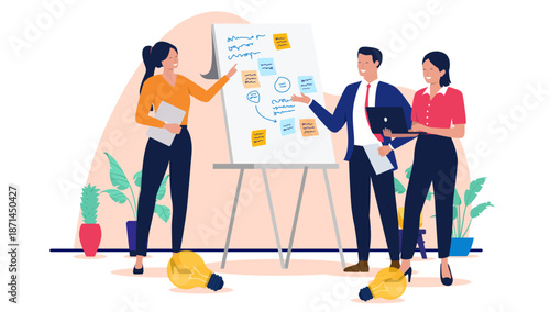 Creative team brainstorming and generating new ideas using a flip chart and sticky notes for project planning and innovation in a modern flat design vector illustration with lightbulbs