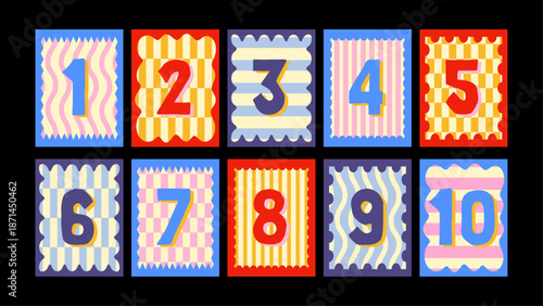 Kids birthday number posters from one to ten. Playful retro digits in 90s cartoon style. Vector printable celebration art.