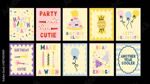 Cartoon retro 90s birthday greeting cards. Simple layouts with cakes and sweets, bold colors and clean vector style for celebrations.