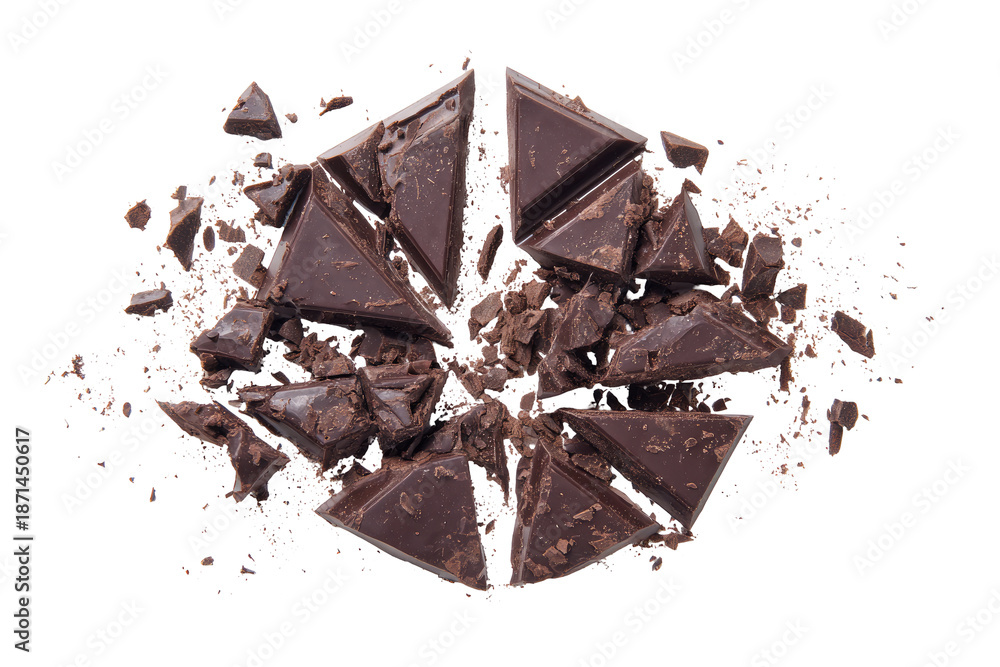 Fototapeta premium Broken dark chocolate bar in a burst, with cocoa powder