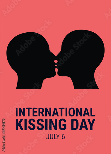 Pink international kissing day poster with black silhouette profiles of couple kissing and July 6 text for romantic love celebration holiday banner or relationship event design element.