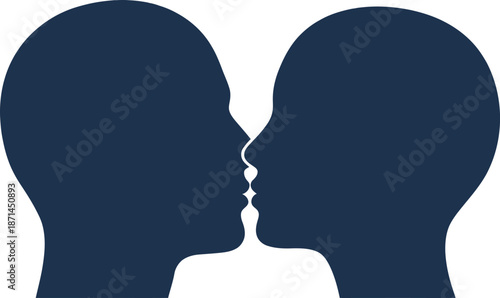 Dark blue silhouette profiles of two human heads kissing face to face for romantic love relationship concept or couple intimacy design element icon symbol isolated object sign logo art.