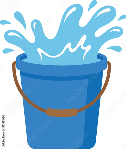 Blue plastic bucket container with water splash explosion for songkran festival celebration or summer holiday cleaning chore design element icon symbol isolated object for household work.