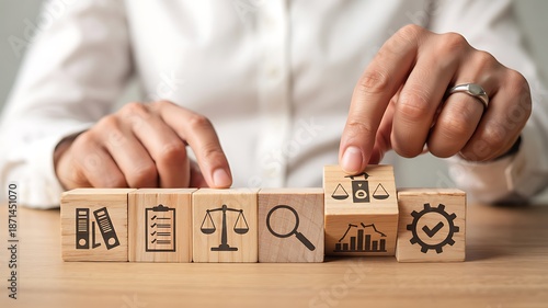 Hand positioning legal and compliance icons on wooden blocks, symbolizing justice, audit, and governance
