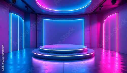 Modern, empty stage bathed in neon blue and pink light, showcasing curved lines
