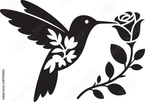 Hummingbird and rose silhouette vector illustration cutout design for decal and sticker projects