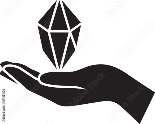 Hand holding precious crystal gemstone magic treasure jewel icon silhouette vector