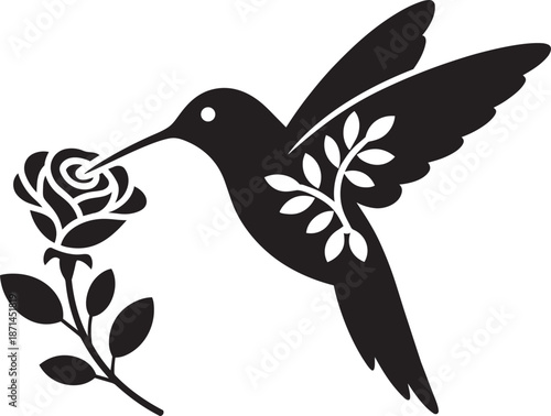 Hummingbird drinking from rose flower silhouette for natural garden and floral beauty concepts