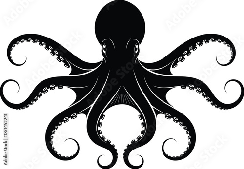Octopus silhouette illustration with symmetrical design and eight swirling arms detailed with suction cups