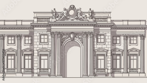 Historic stone facade of the famous Arch of Triumph monument and the royal palace gate in Madrid, featuring classic European Baroque architecture and old landmark travel tourism in Italy