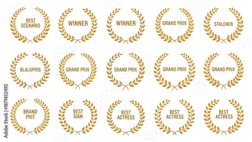 A professional set of golden laurel wreaths featuring vector icons and metal badge symbols designed as a circle frame element for a business label or seal sticker