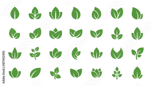Vector set of green leaf icons and organic plant elements for eco-friendly nature design