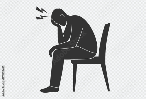 Man sitting on chair experiencing severe headache or migraine with pain and discomfort
