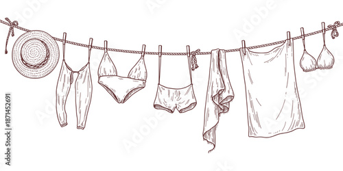 Summer Beachwear Drying on Clothesline Hand Drawn Line Art Illustration