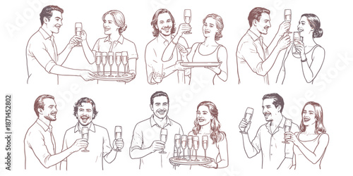 People Drinking Wine Together Hand Drawn Line Art Illustration, Social Celebration Sketch