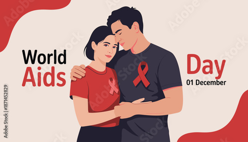 World AIDS Day Awareness Illustration with Loving Couple and Red Ribbon, December 1