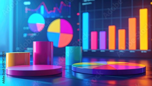 Colorful data visualization setup with charts, graphs, and podiums