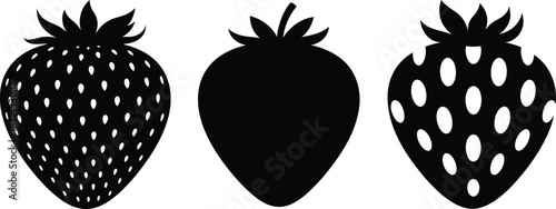 Strawberry silhouette illustration set with three black strawberries in varied seed patterns and leaf styles