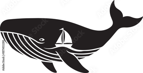 Sailboat navigating ocean waves on back of massive humpback whale symbolizing nature marine adventure