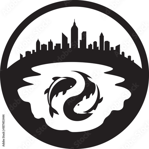 Urban skyline and yin yang fish pond circular badge design for eco friendly city branding icons