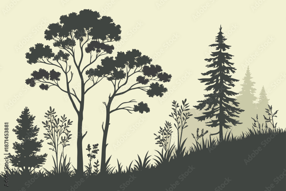 Fototapeta premium Silhouetted forest landscape isolated on white background