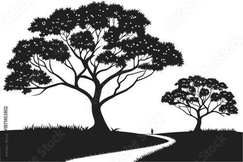 Silhouette of two trees on a path isolated on white background