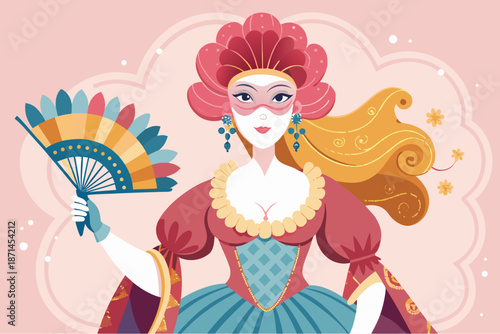 Elegant illustration of a masked woman in baroque costume holding a colorful fan, with ornate hairstyle and jewelry on a pink background