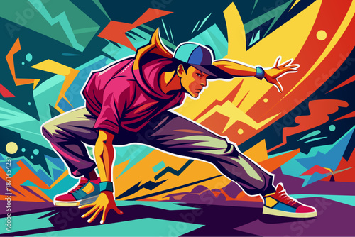 Dynamic illustration of a street dancer in an energetic pose wearing urban clothes against a vibrant abstract background