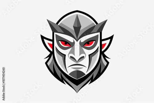 Stylized vector illustration of an intimidating fantasy warrior or demon face with red eyes, sharp features, and a dark helmet design