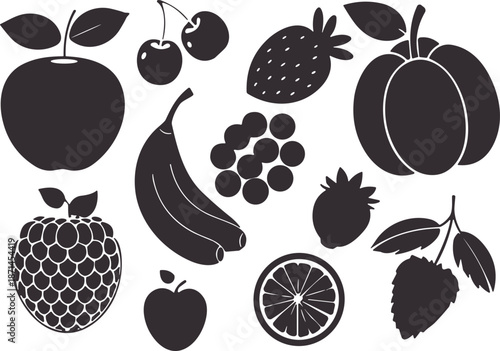 Minimal black fruit silhouettes set including apple banana cherry strawberry grape citrus healthy food flat vector illustration for packaging design