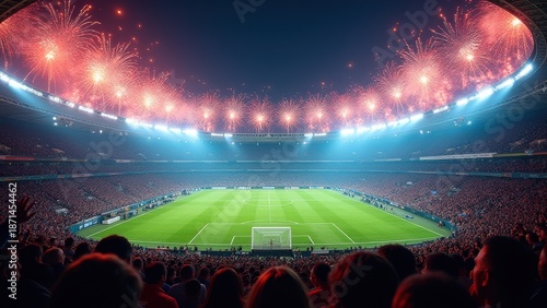 soccer tournament celebration in packed stadium with colorful fireworks and bright lights festive realistic sports scene full of energy and excitement concept of football event sports entertainment