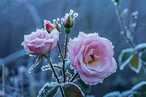 Beautiful Icy Pink Rose Blooms in Cold Winter Morning Frost