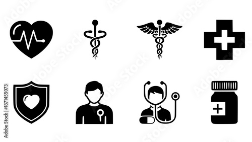 A black and white collection of eight medical-related icons