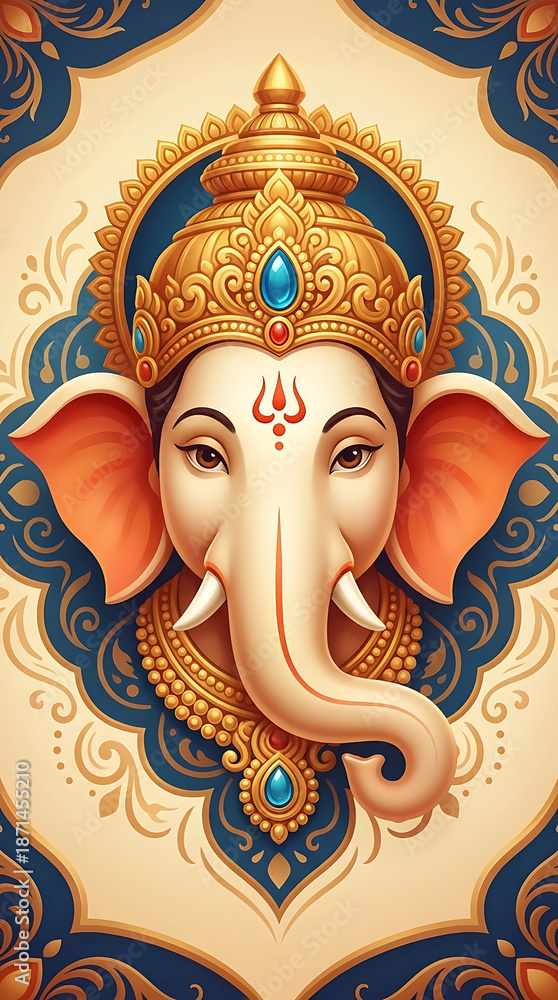 Fototapeta premium Traditional decorative portrait of lord ganesha with blue and gold patterns for ganesh chaturthi and sankashti chaturthi