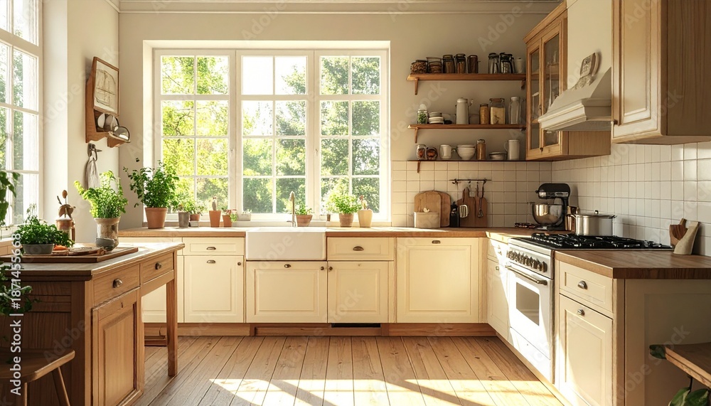 Fototapeta premium Helle Retro Küche mit Tageslicht