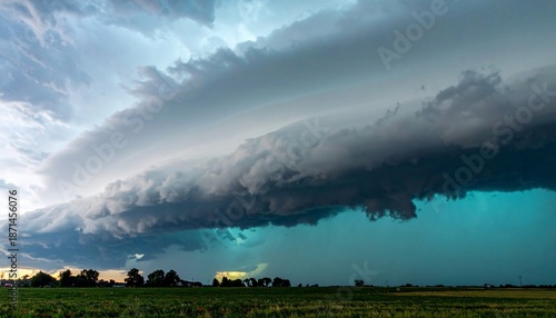 A colossal shelf cloud dominates the sky over a green field, threatening weather