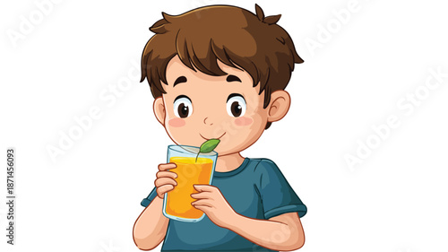 Adorable Cartoon Boy Enjoying Orange Juice - Vector Illustration with Outline Isolation