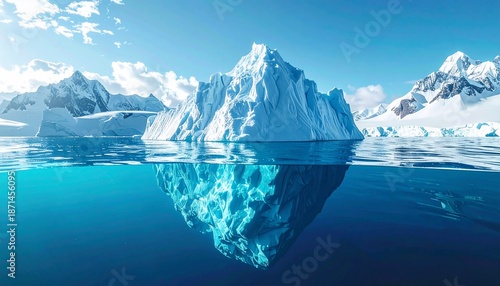 An iceberg floats in blue water, with a partial underwater view and mountains in the distance