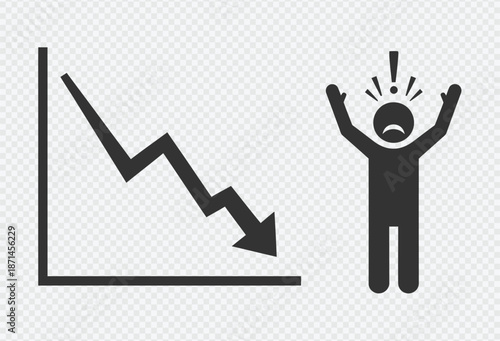 Downward trend graph with distressed person indicating financial crisis or market downturn