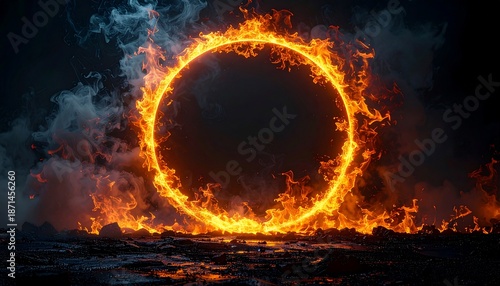 A fiery portal with flames emanating from a circular opening against a dark background